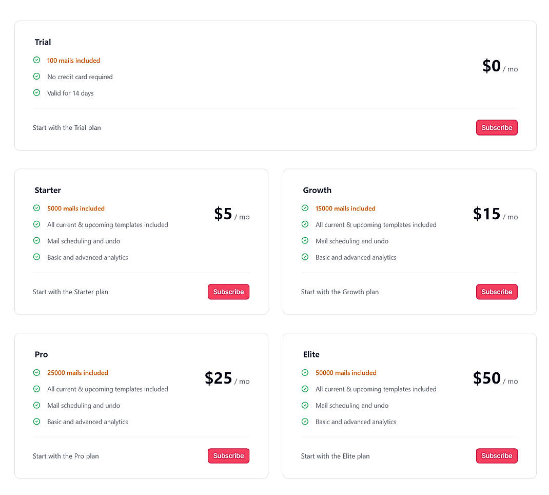 Pricing screenshot