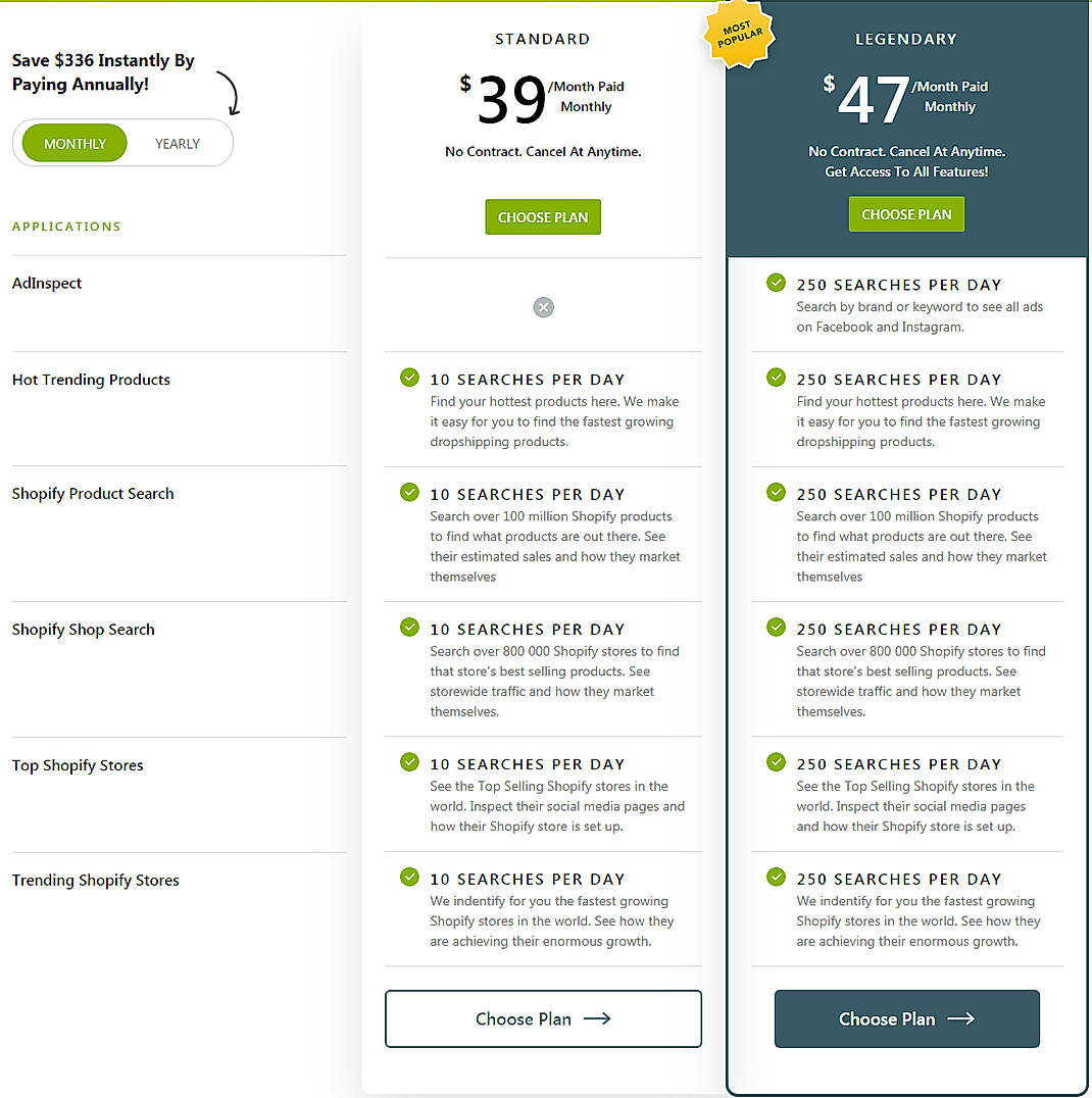 Pricing screenshot