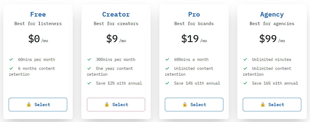 Pricing screenshot