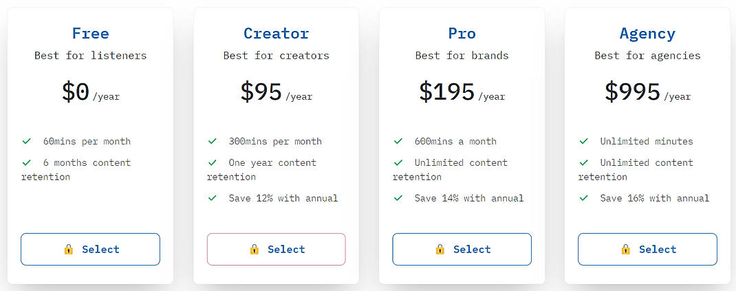 Pricing screenshot