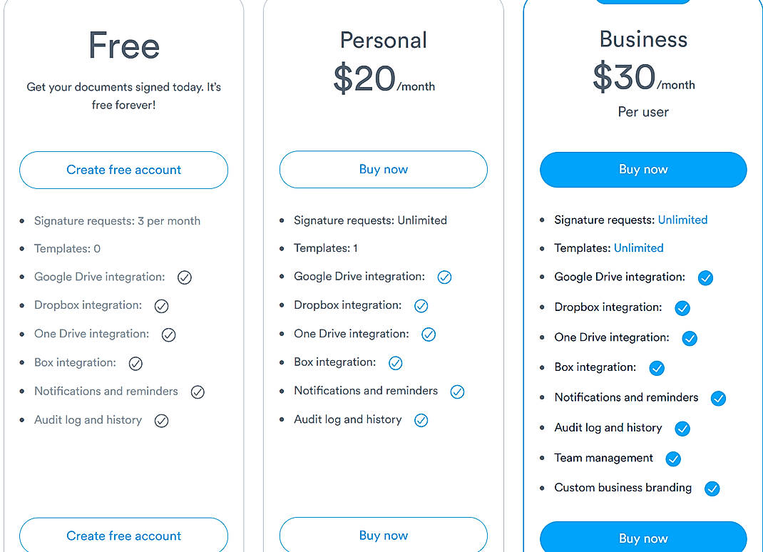 Pricing screenshot