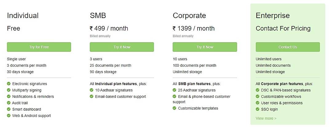Pricing screenshot