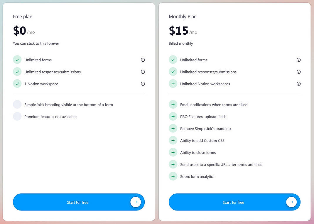 Pricing screenshot