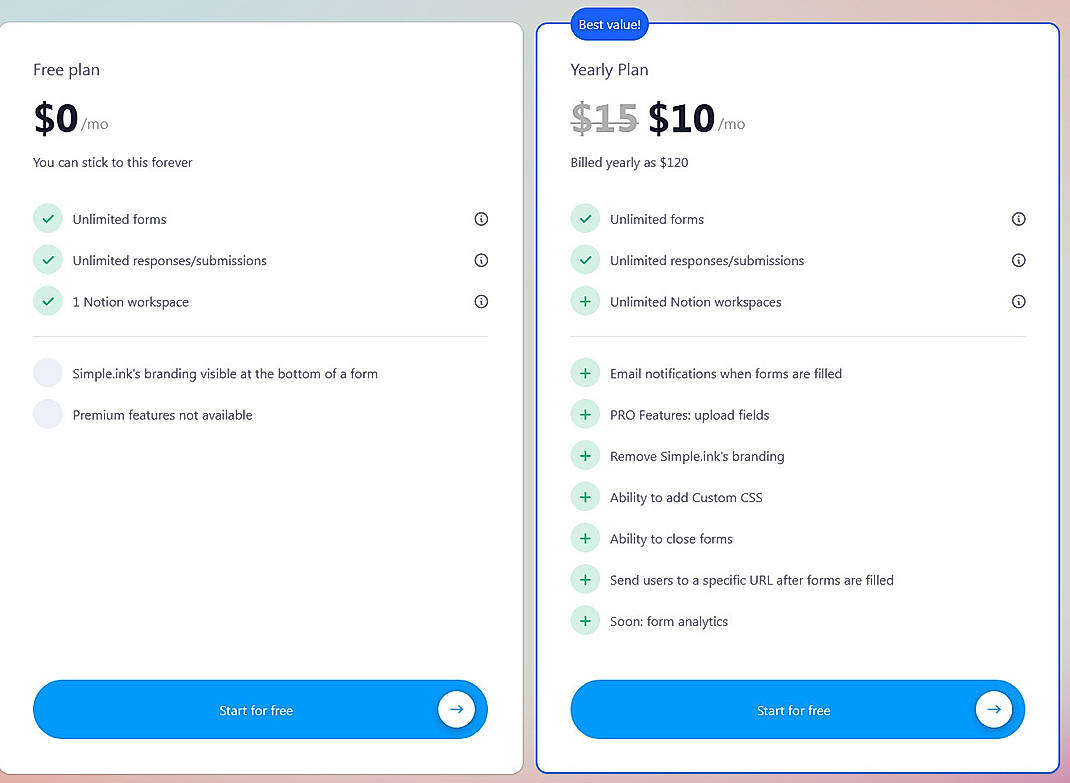 Pricing screenshot