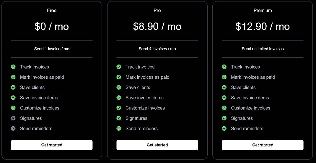 Pricing screenshot