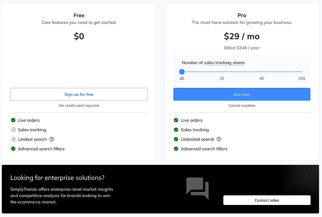 Pricing screenshot