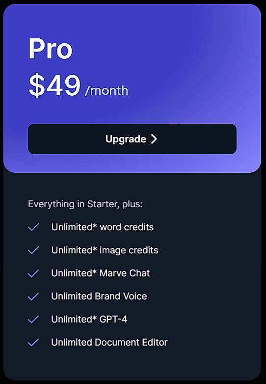 Pricing screenshot