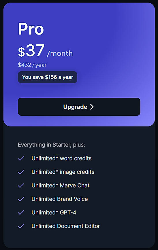 Pricing screenshot