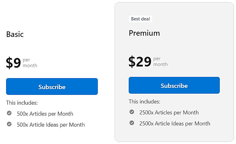 Pricing screenshot