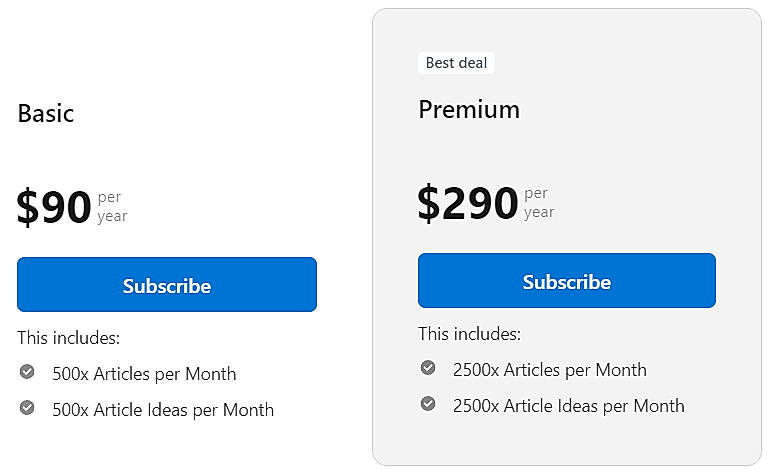 Pricing screenshot