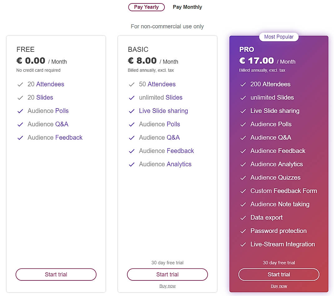Pricing screenshot