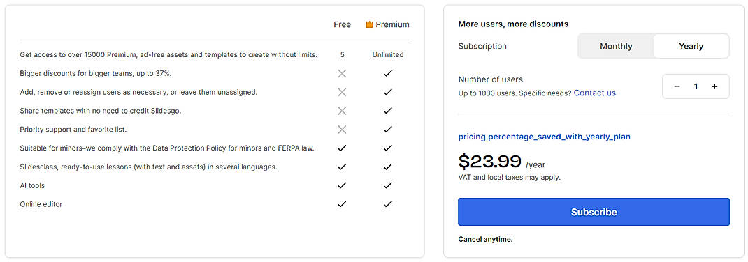 Pricing screenshot