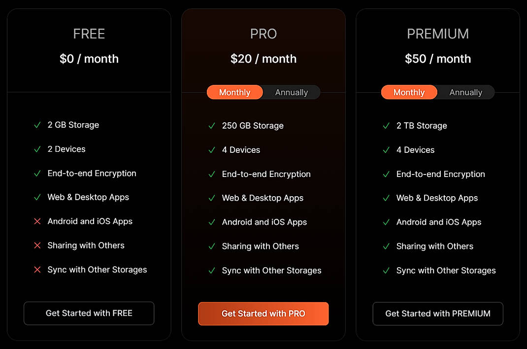 Pricing screenshot
