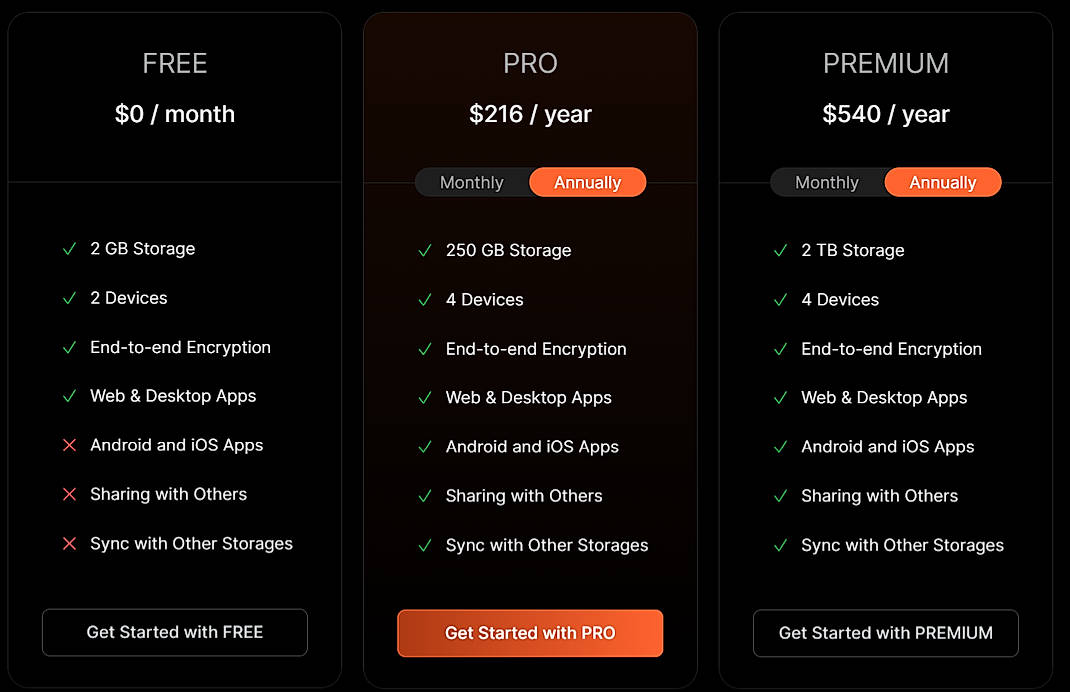 Pricing screenshot