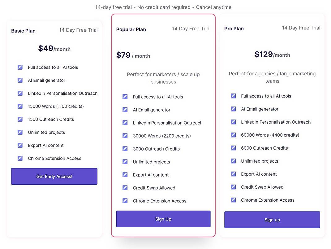 Pricing screenshot