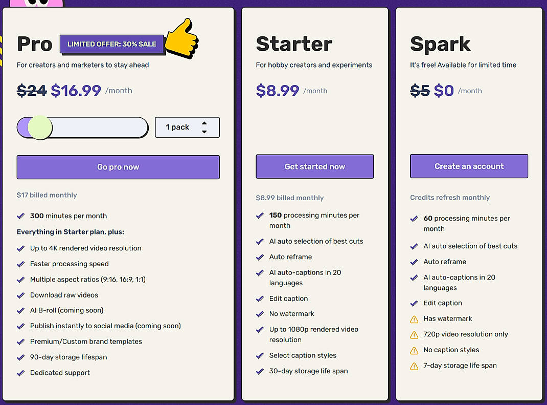 Pricing screenshot