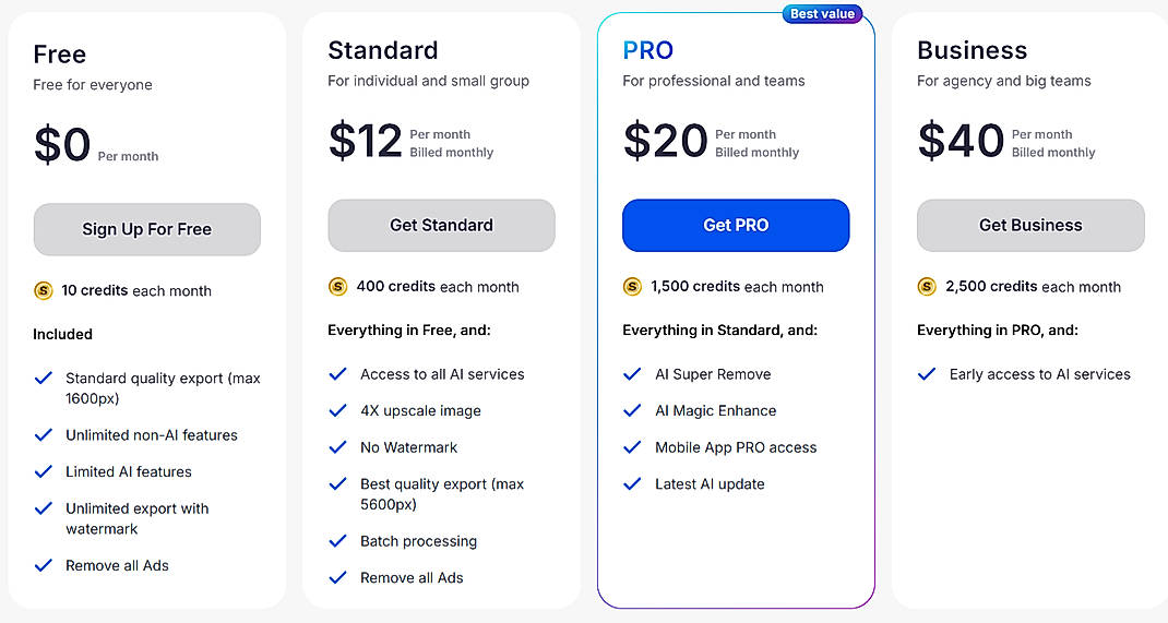 Pricing screenshot