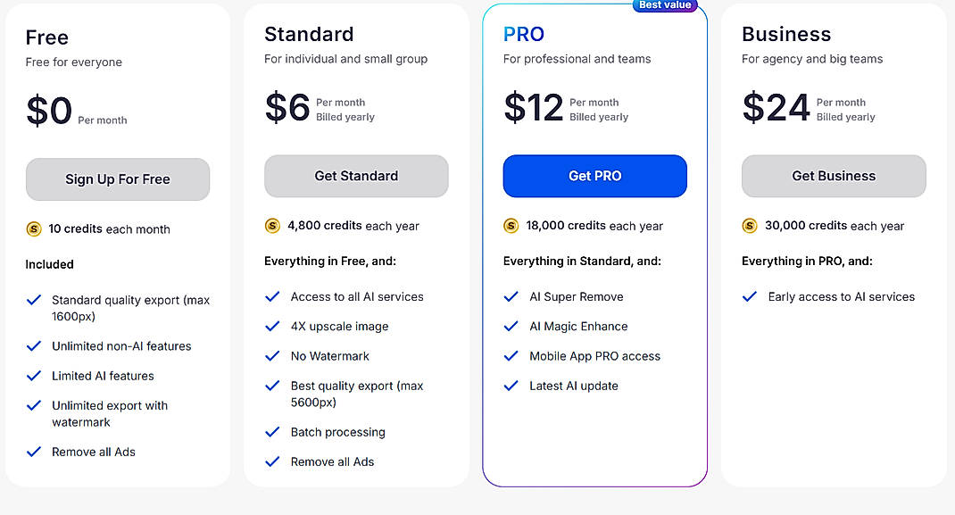 Pricing screenshot