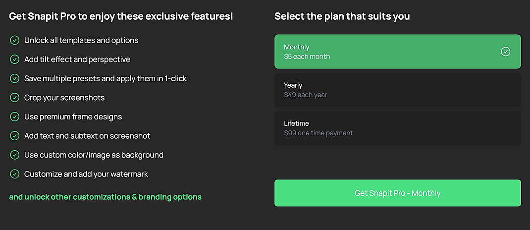 Pricing screenshot