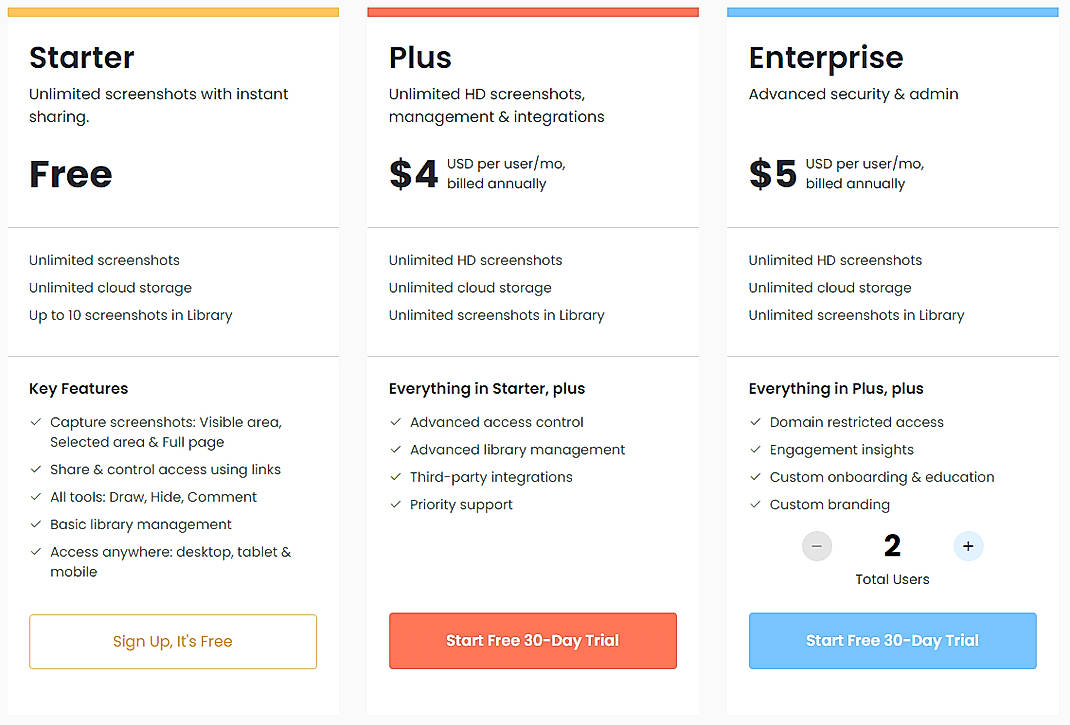 Pricing screenshot
