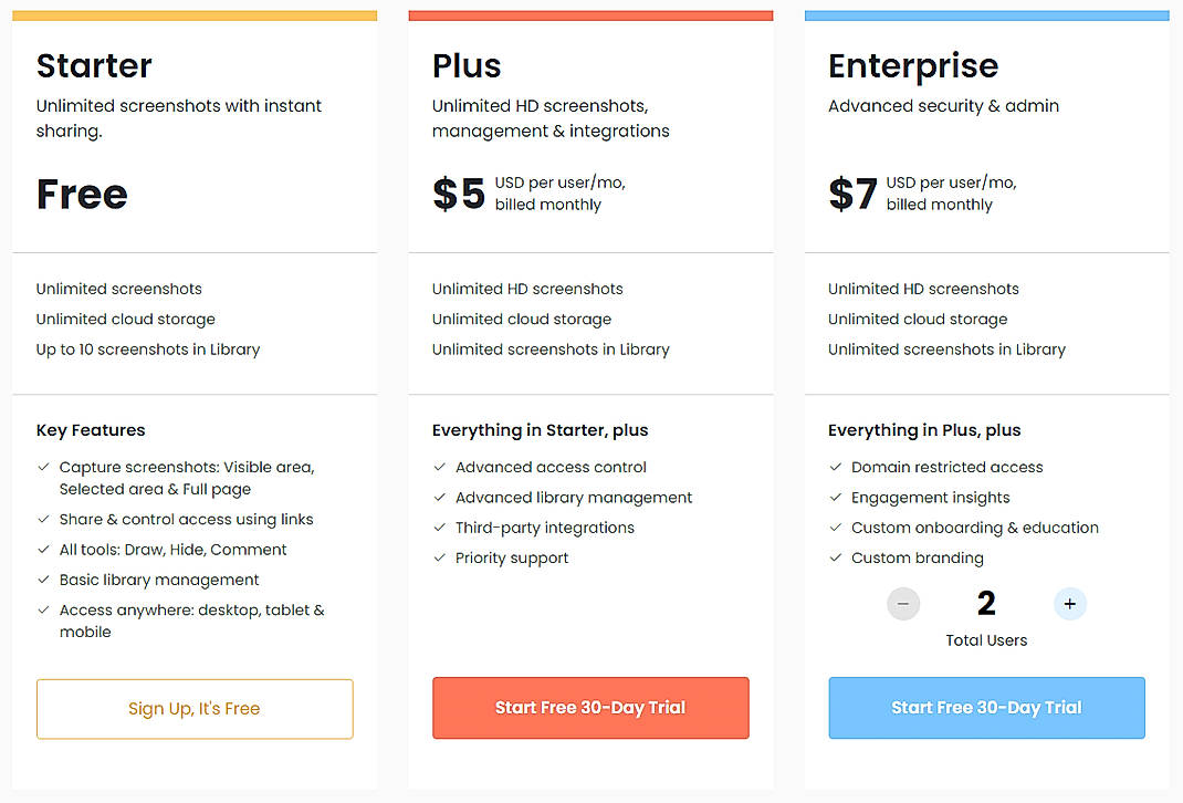 Pricing screenshot