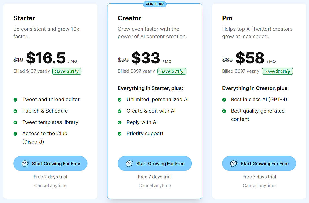 Pricing screenshot