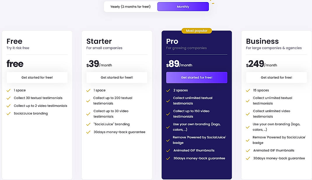 Pricing screenshot