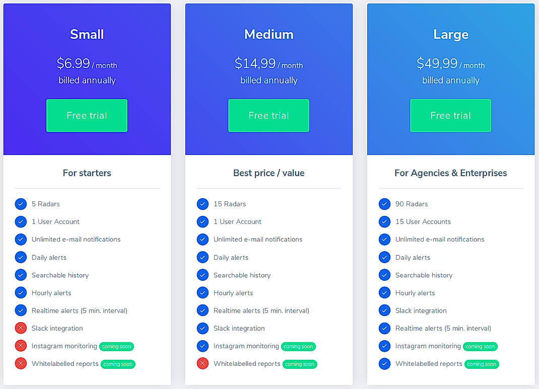 Pricing screenshot