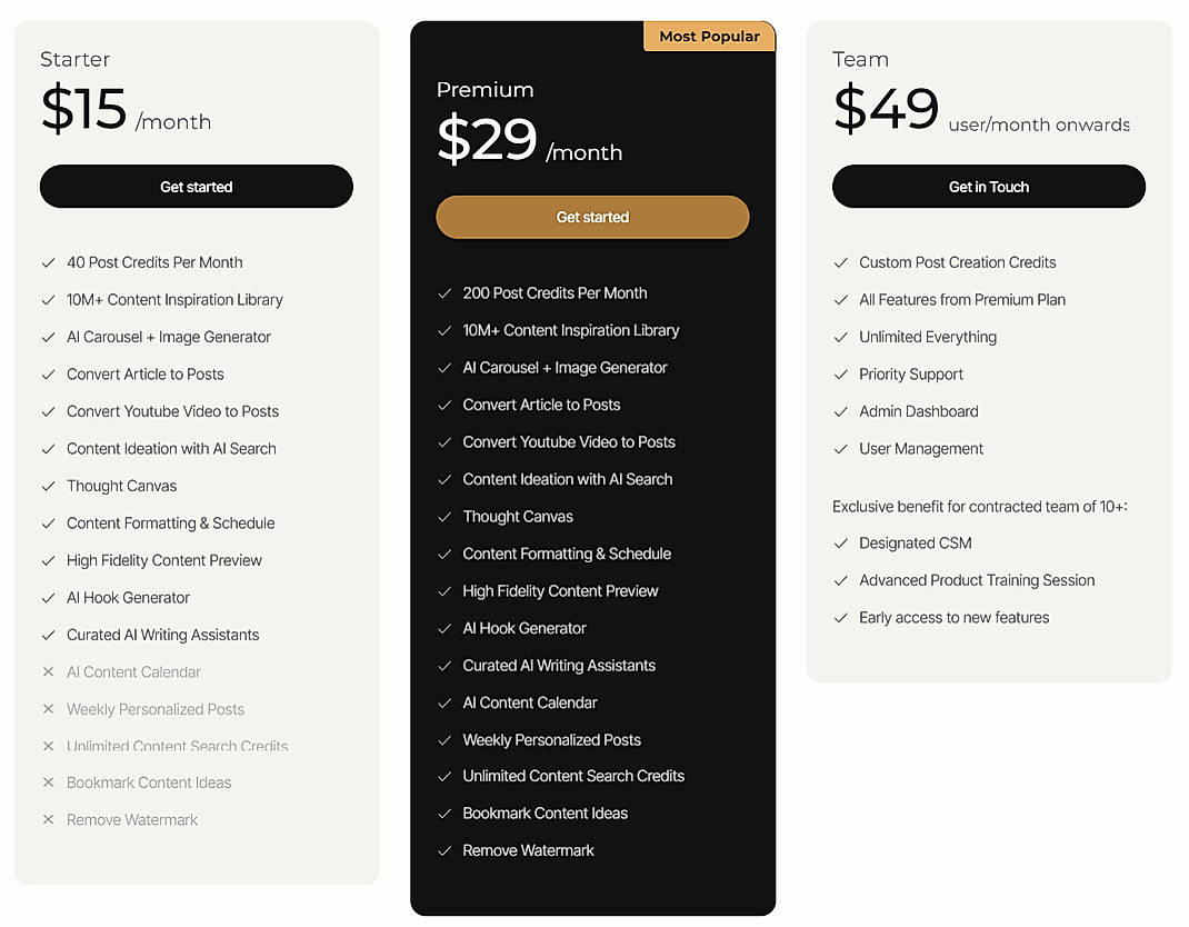 Pricing screenshot