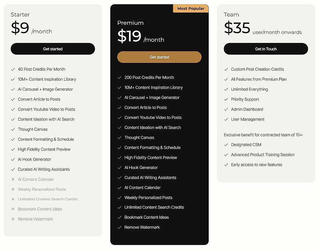Pricing screenshot