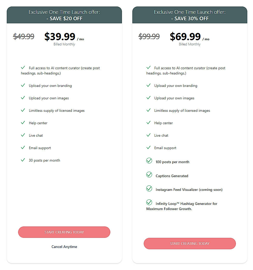 Pricing screenshot