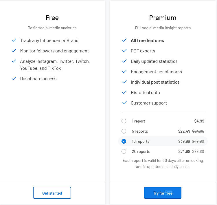 Pricing screenshot