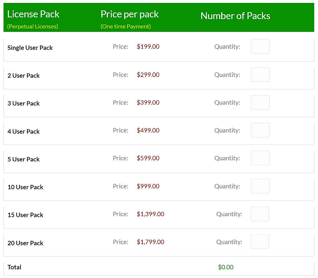 Pricing screenshot