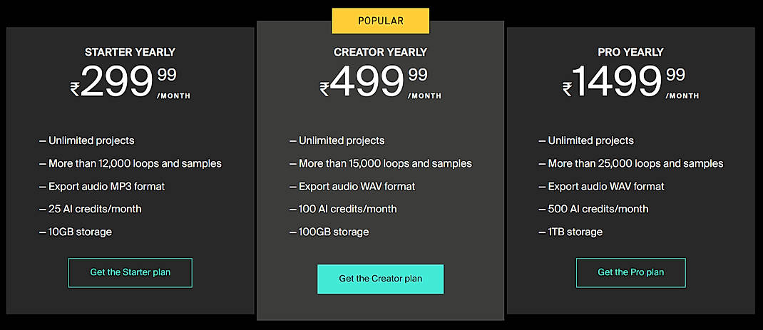 Pricing screenshot