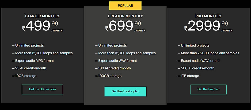 Pricing screenshot
