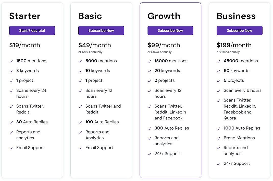 Pricing screenshot