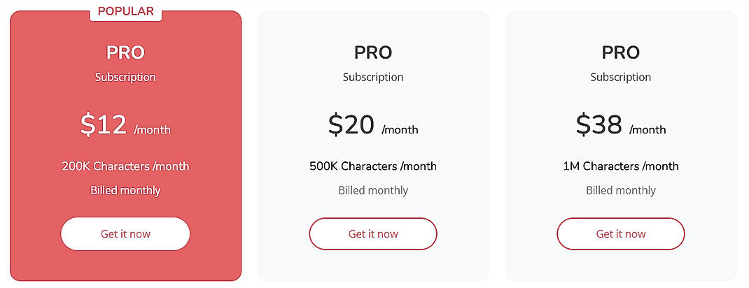 Pricing screenshot