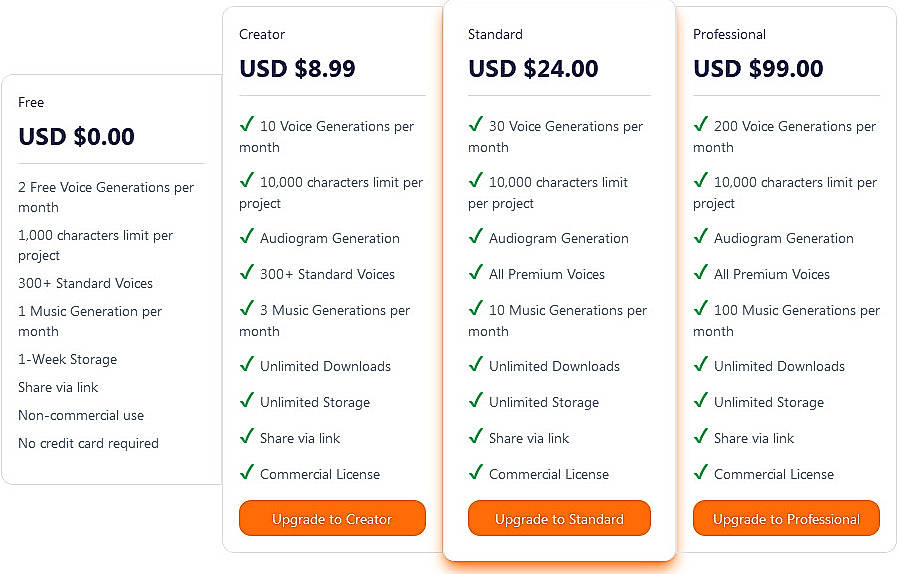 Pricing screenshot