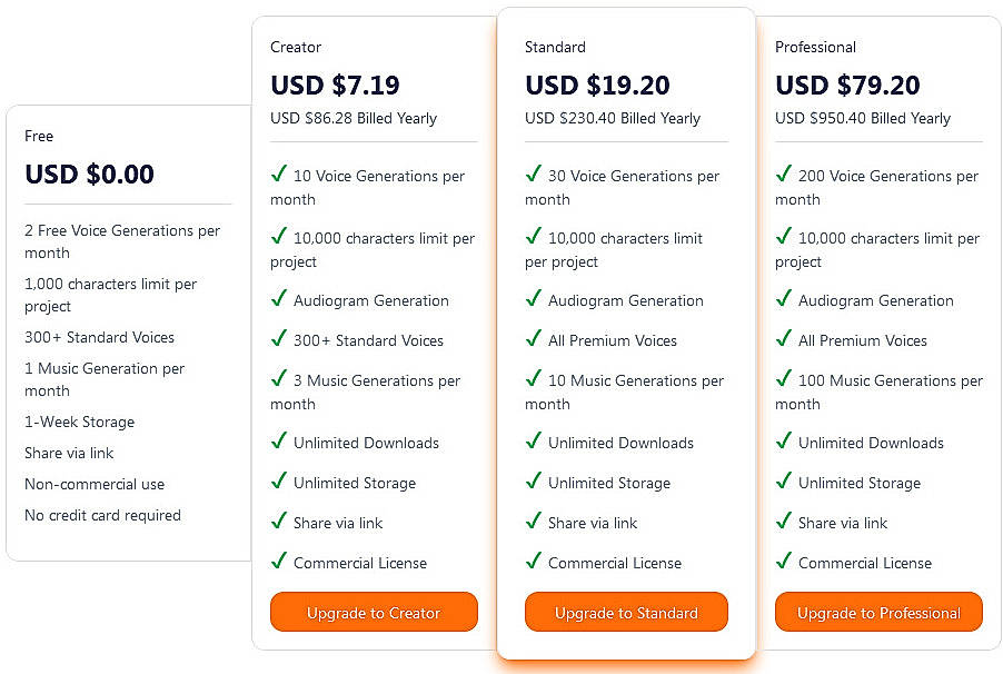 Pricing screenshot