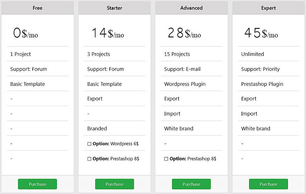 Pricing screenshot
