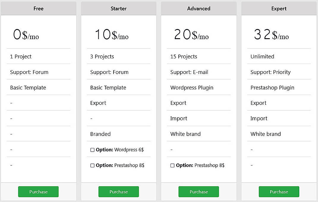 Pricing screenshot