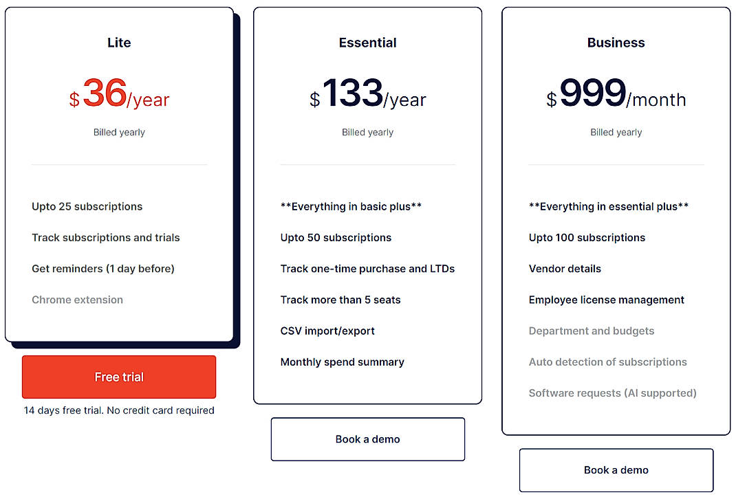 Pricing screenshot