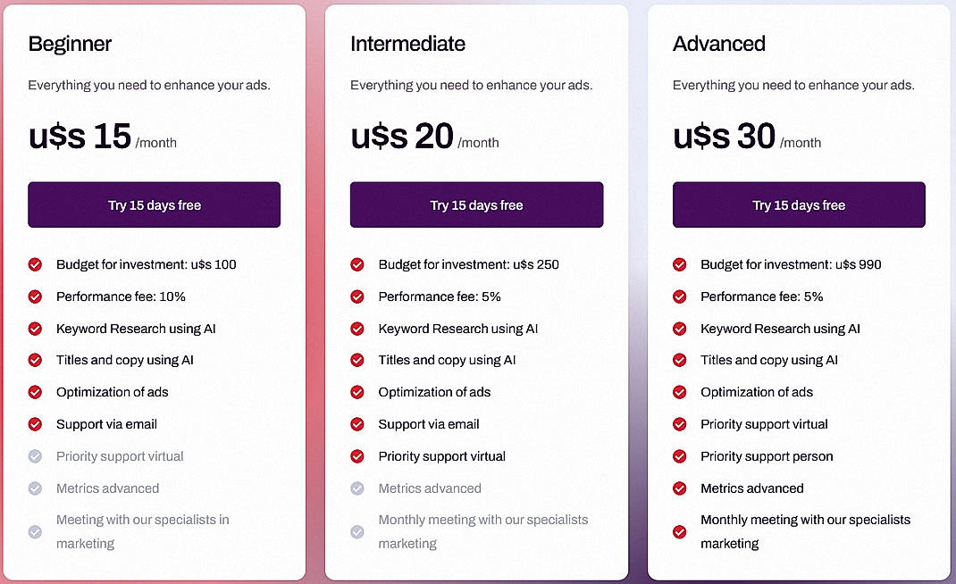 Pricing screenshot