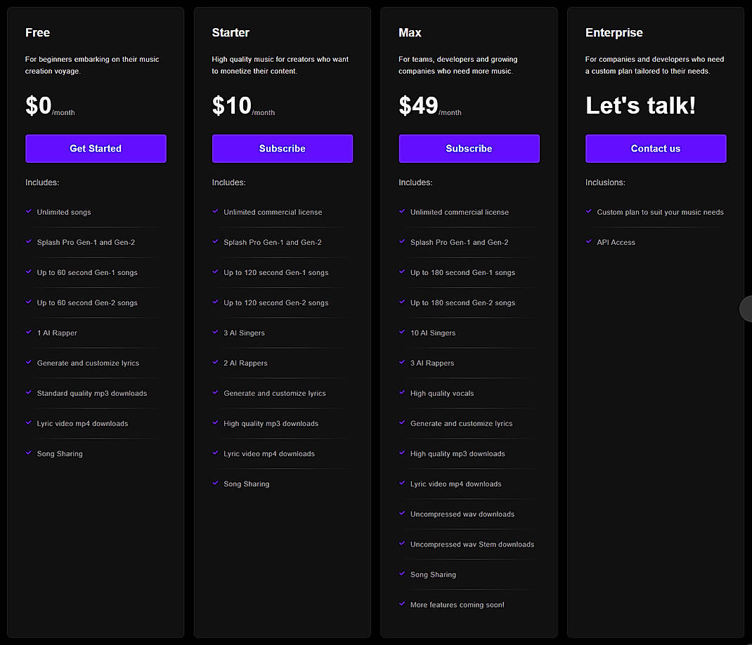 Pricing screenshot