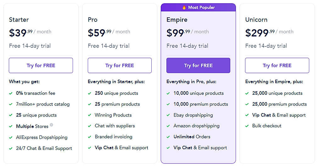 Pricing screenshot