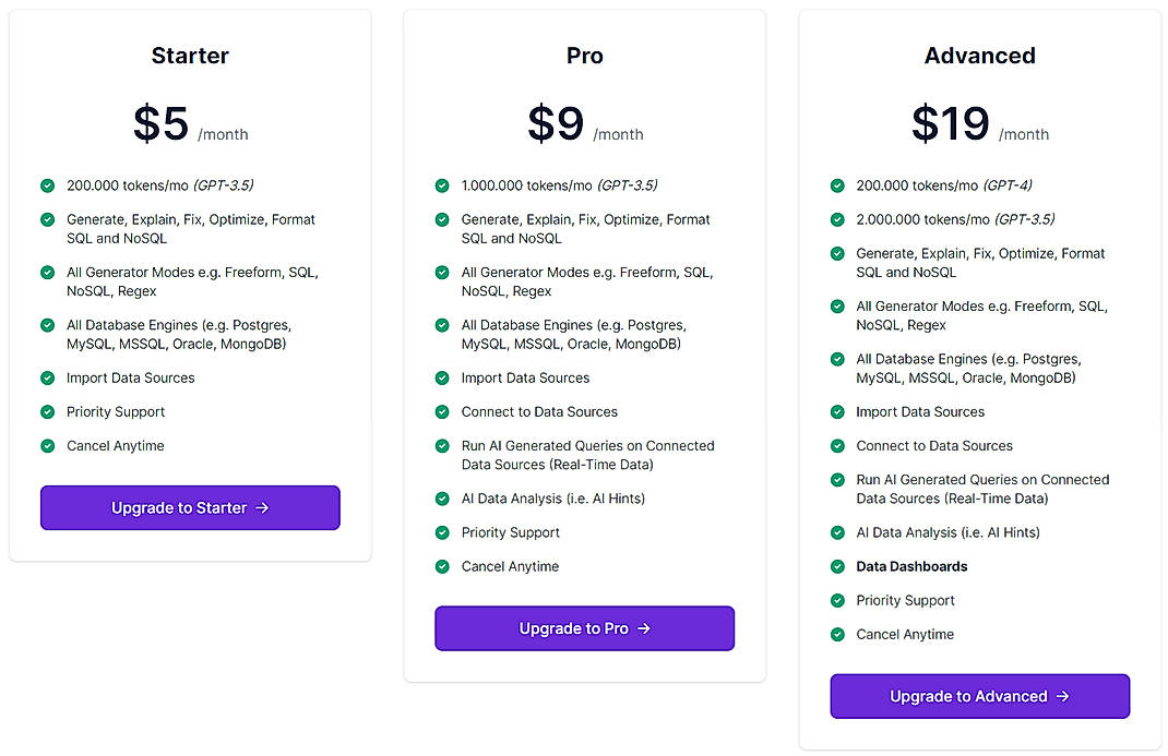 Pricing screenshot