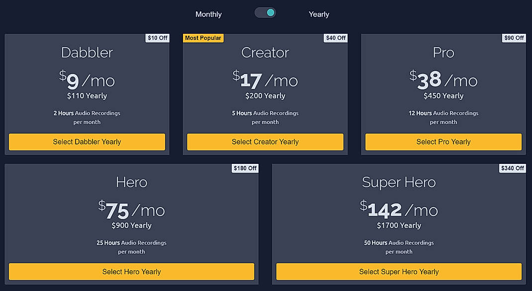 Pricing screenshot