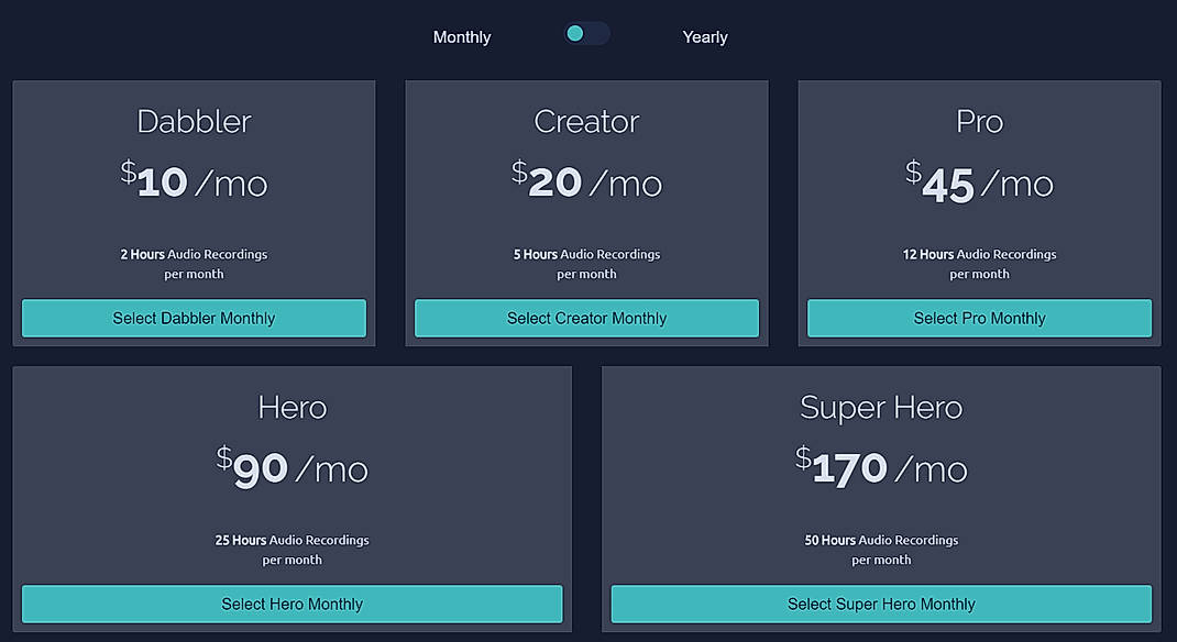 Pricing screenshot