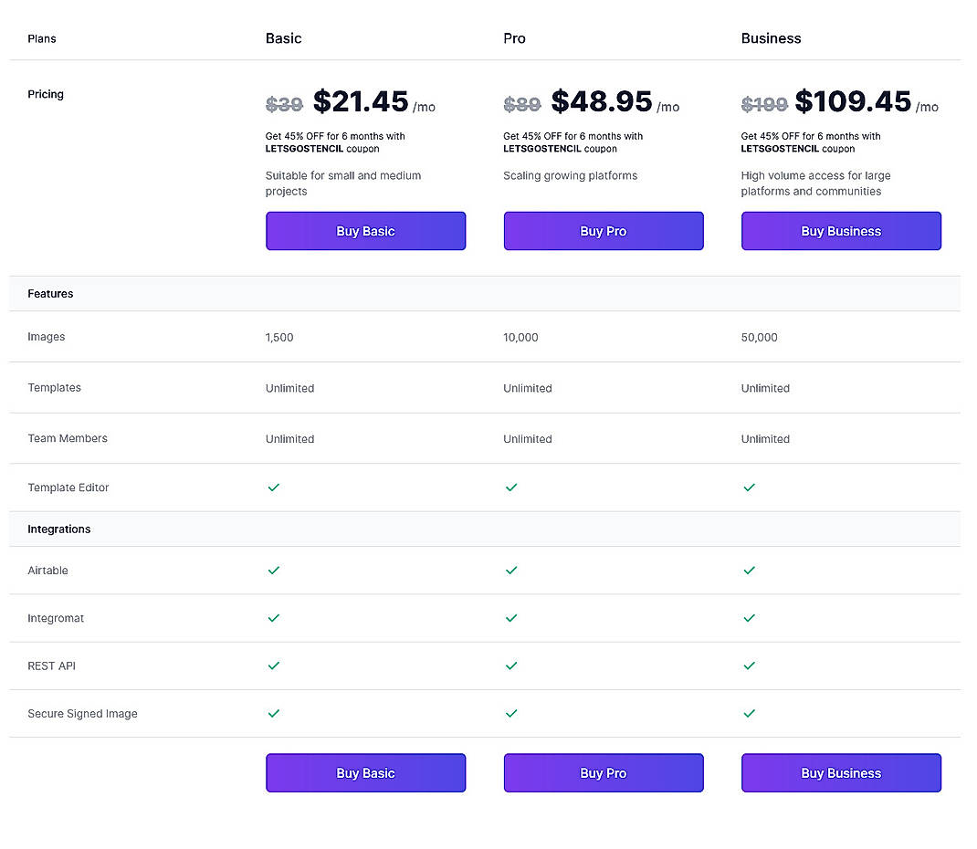 Pricing screenshot