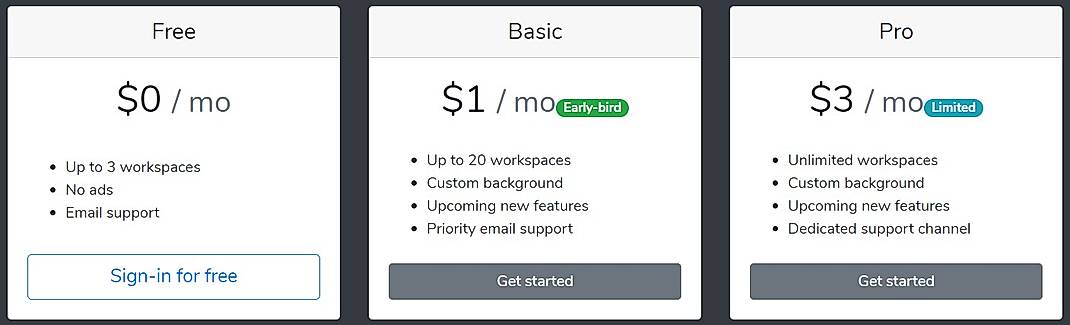 Pricing screenshot